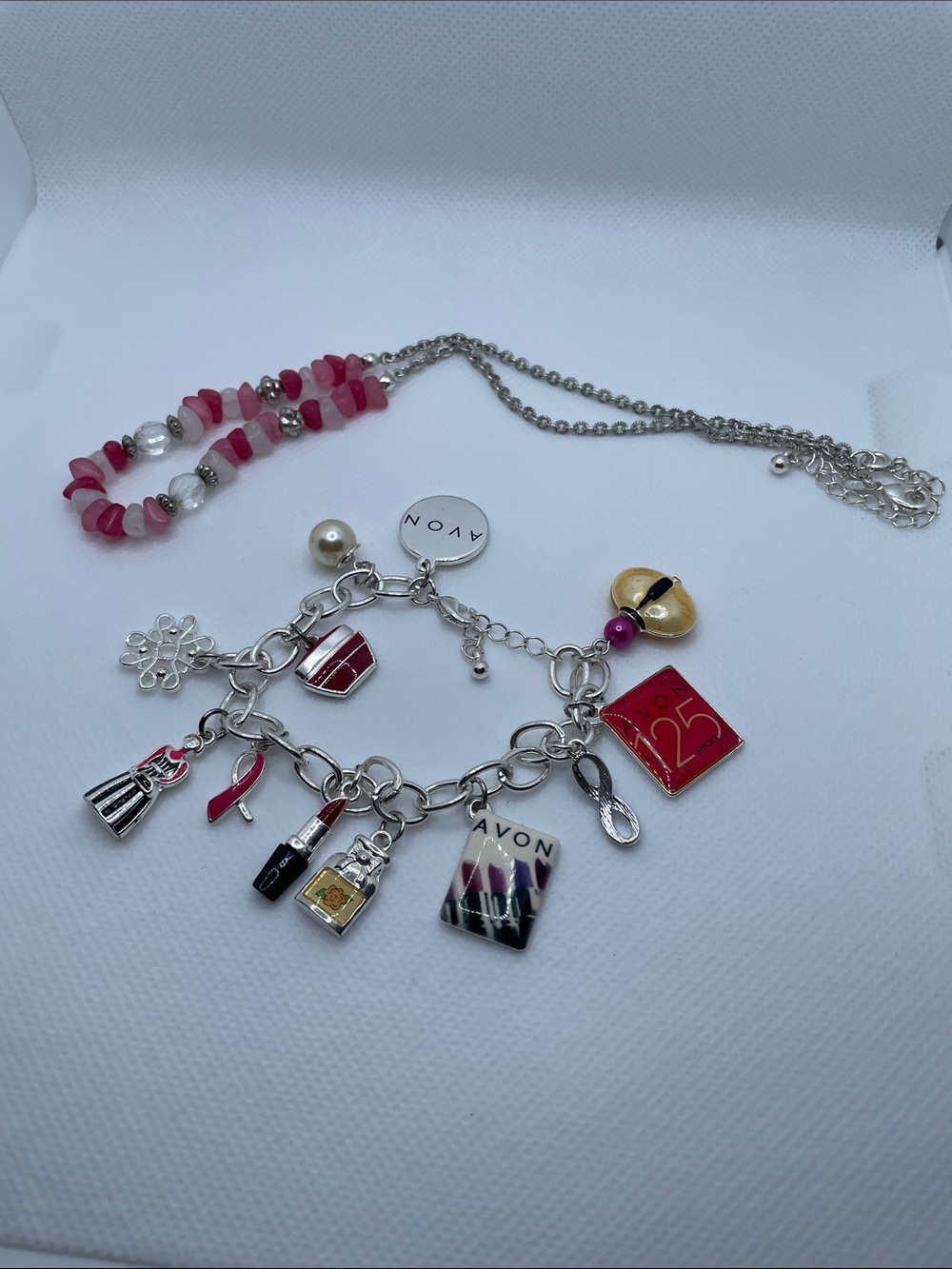 Avon Silver-Tone Charm Bracelet and Pink Beaded Necklace